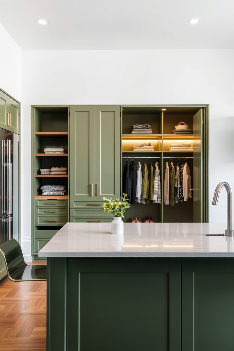 A stunning olive green kitchen island features open storage with stylish wooden shelves. The island is complemented by sleek bar stools and surrounded by a bright, airy kitchen space. The walk-in closet design showcases a blend of functionality and elegance with ample shelving and hanging space. Soft lighting illuminates the olive green accents, creating a serene and organized atmosphere.