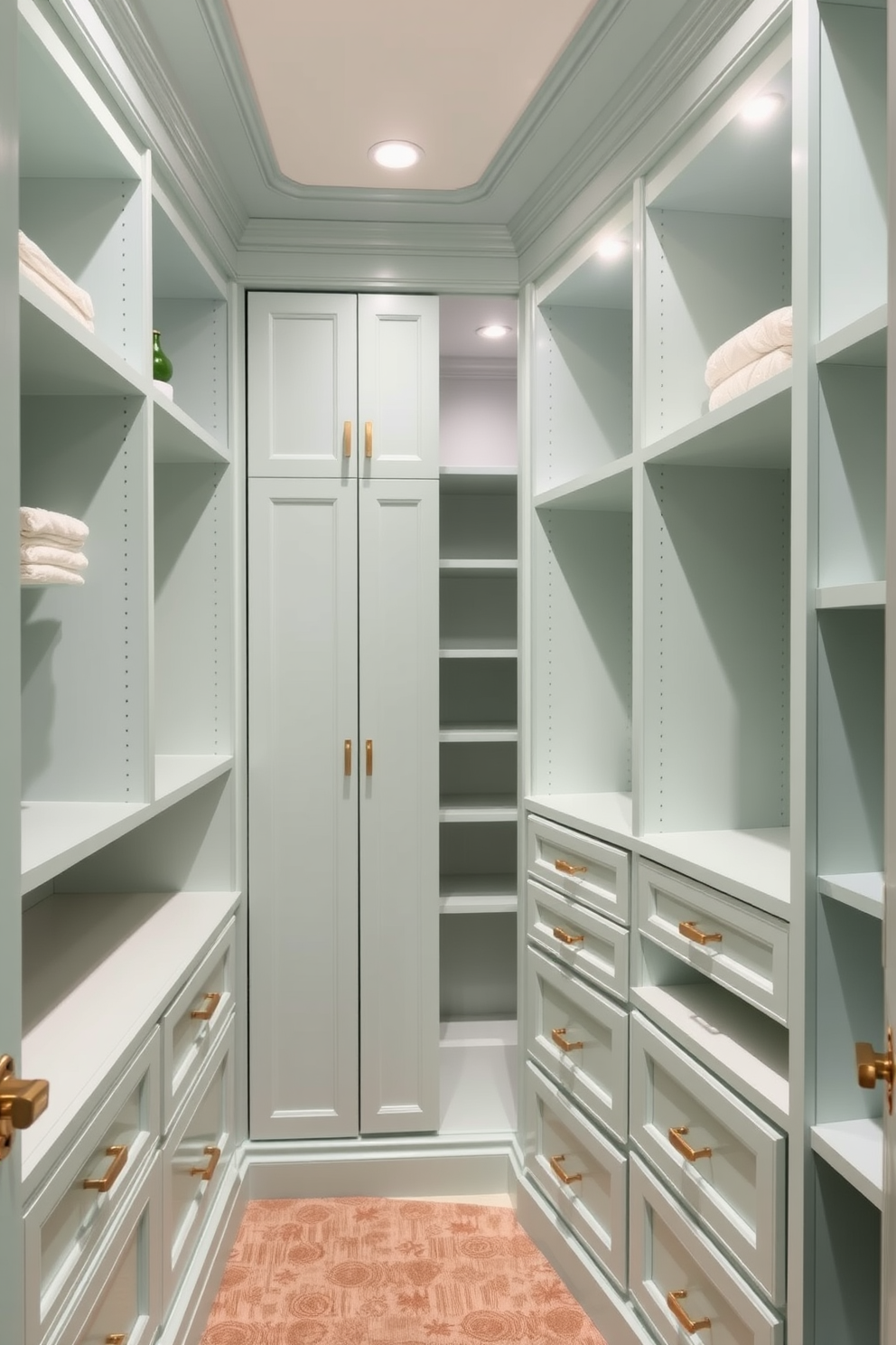 A stylish walk-in closet featuring mint green storage bins for organization. The bins are neatly arranged on open shelves, complementing the soft lighting and elegant wood finishes throughout the space.