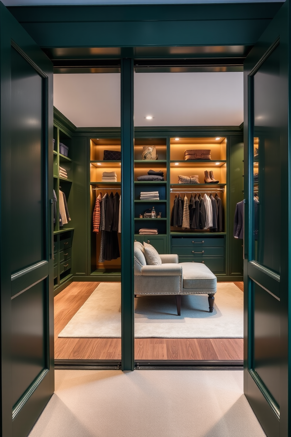 A luxurious walk-in closet featuring forest green sliding doors that exude elegance and sophistication. The interior is designed with ample shelving, hanging space, and a plush seating area, all complemented by warm lighting and rich textures.