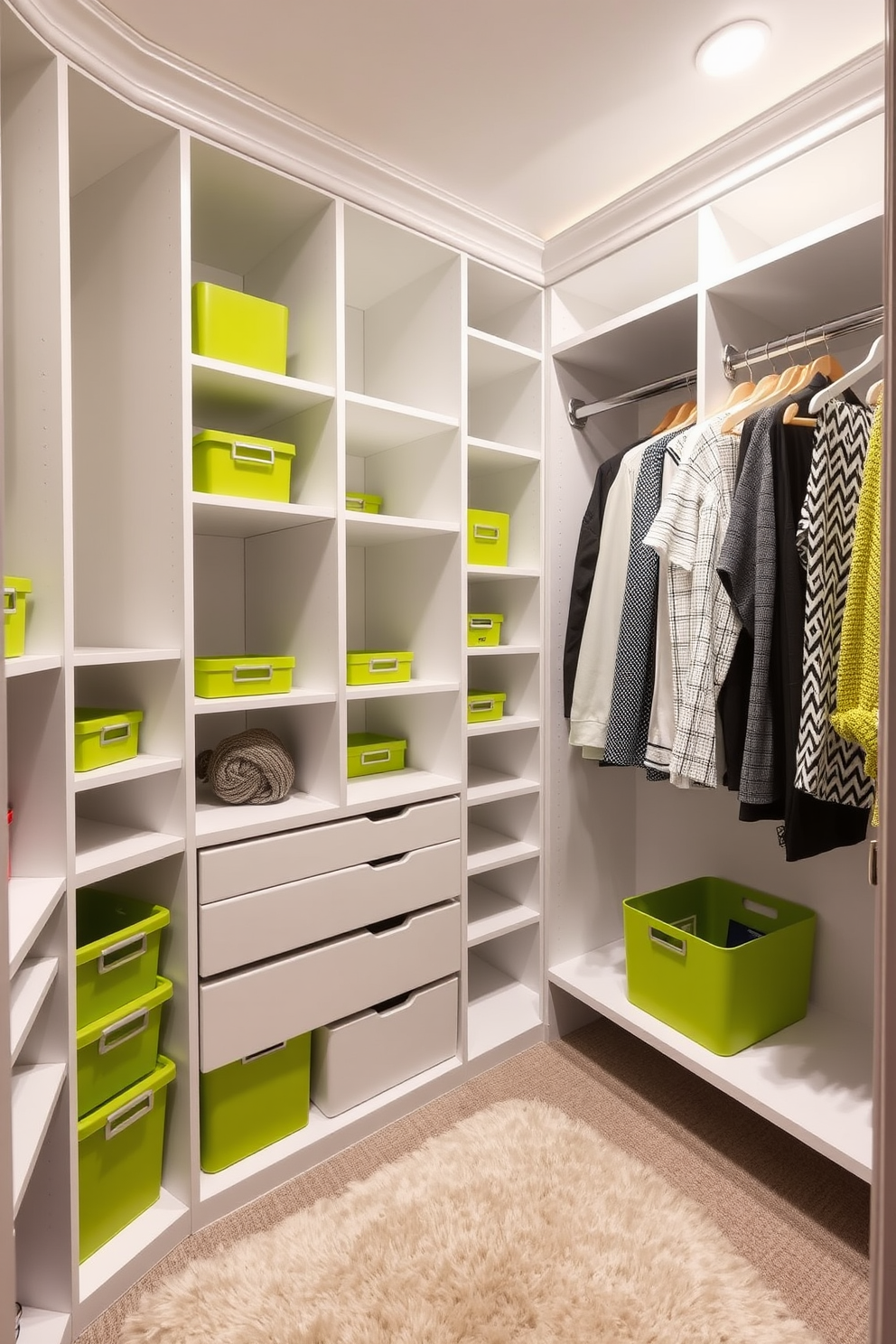 A luxurious walk-in closet featuring sleek white shelving and hanging rods. The space is enhanced by lime green accessories including storage bins and a plush area rug.