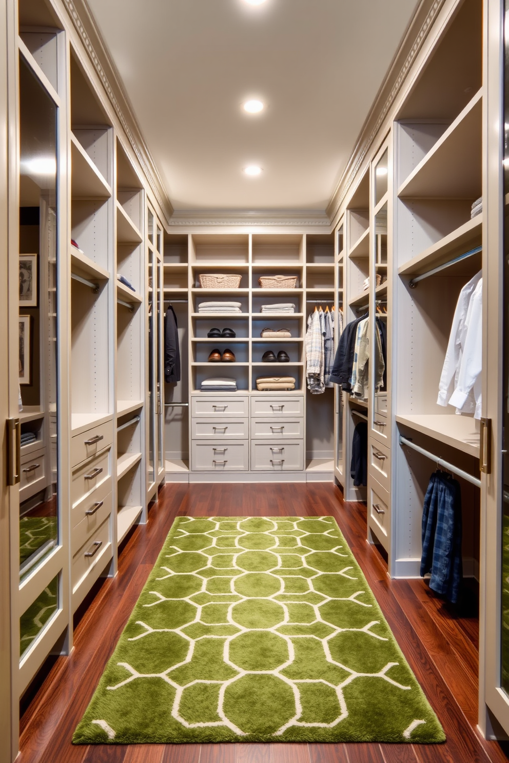 A spacious walk-in closet featuring a green accent rug that complements the neutral tones of the walls and shelving. The design includes custom cabinetry with ample storage space, and soft lighting enhances the inviting atmosphere.