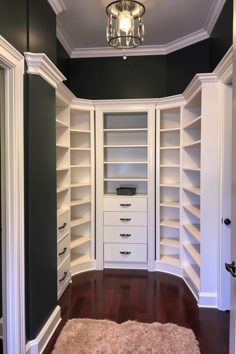 A luxurious walk-in closet featuring dark green painted walls complemented by crisp white trim. The space is adorned with custom shelving units and a plush area rug, creating an inviting atmosphere.