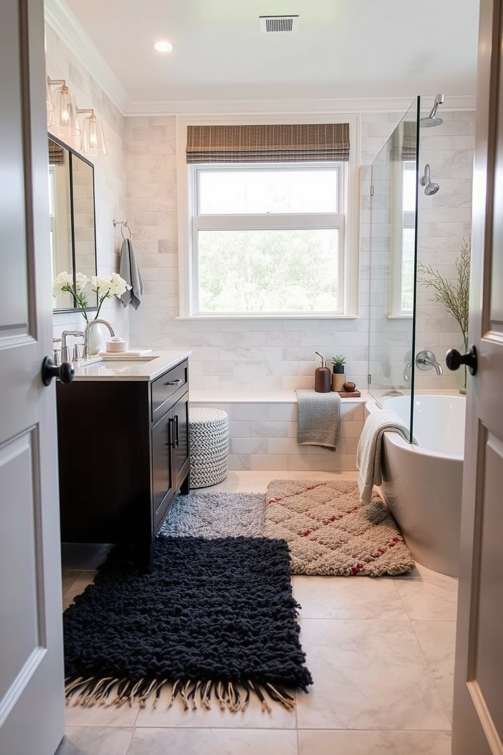 A whimsical wallpaper featuring colorful patterns and playful motifs adorns the walls, creating a cheerful atmosphere. The bathroom includes a compact vanity with a bright yellow finish and a round mirror framed in natural wood, enhancing the playful vibe. The floor is covered in light gray tiles that provide a subtle contrast to the vibrant wallpaper. Fun accessories like a rubber duck and colorful towels add to the lighthearted design, making the space inviting for guests.