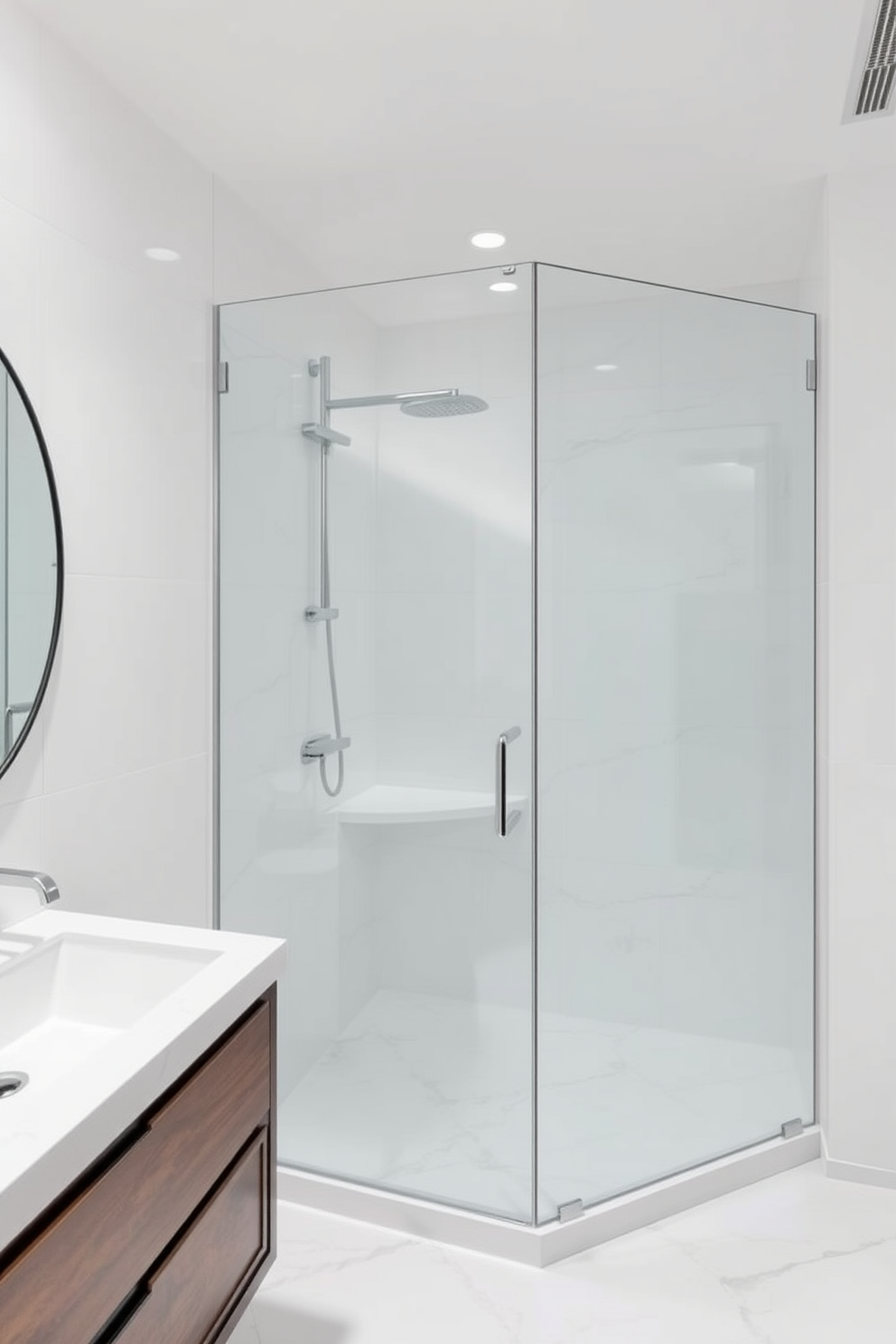 A sleek frameless glass shower enclosure stands elegantly in the corner of the guest bathroom. The walls are adorned with large white tiles that create a clean and airy atmosphere. The shower features a rainfall showerhead and a minimalist chrome faucet. A floating vanity with a dark wood finish complements the modern aesthetic, while a large round mirror enhances the sense of space.