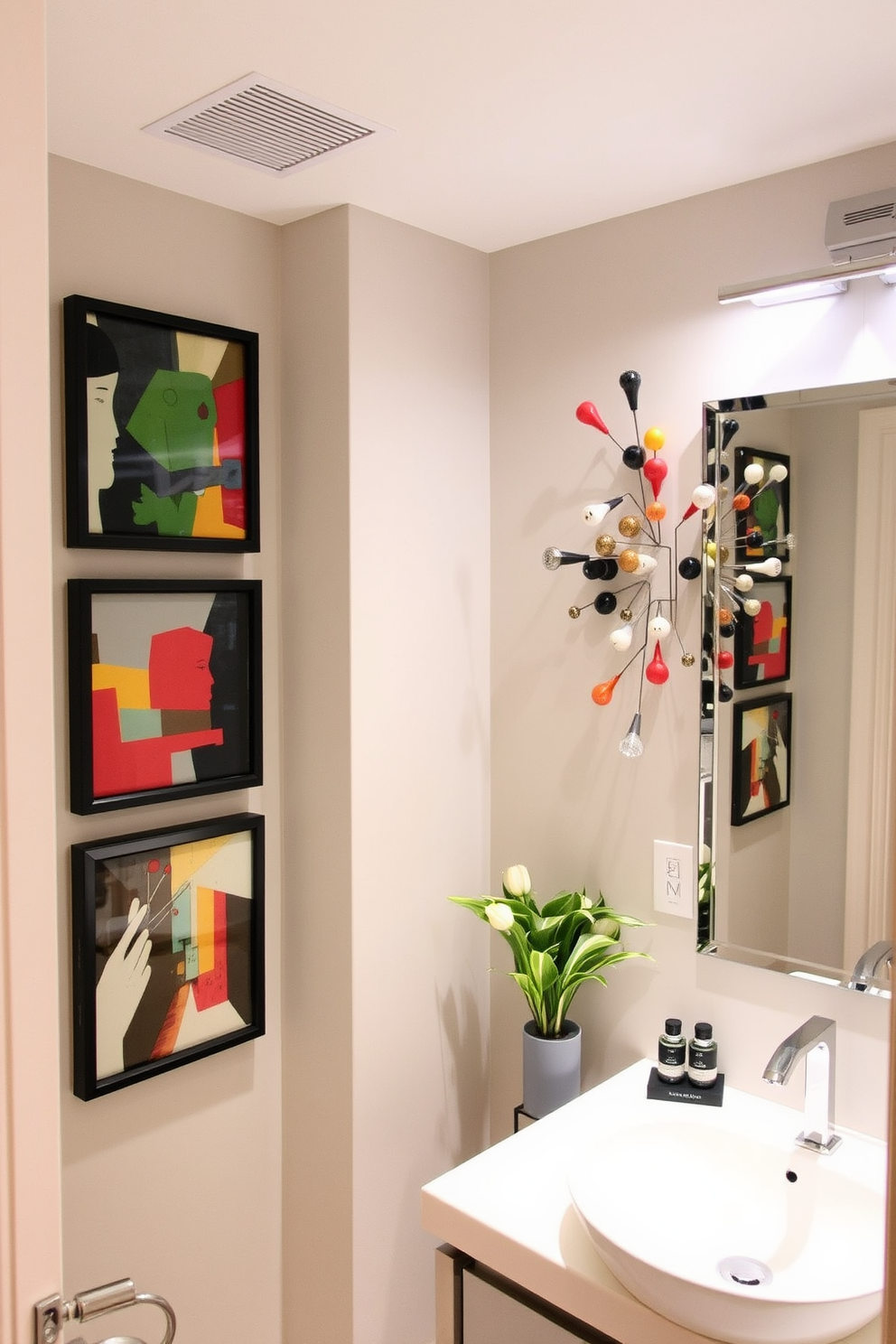 A guest bathroom featuring unique art pieces that reflect personal style. The walls are adorned with colorful abstract paintings and a sculptural wall installation that adds character to the space. The design includes a sleek vanity with a vessel sink and a stylish mirror that complements the artwork. Soft lighting highlights the art, creating an inviting and personalized atmosphere for guests.