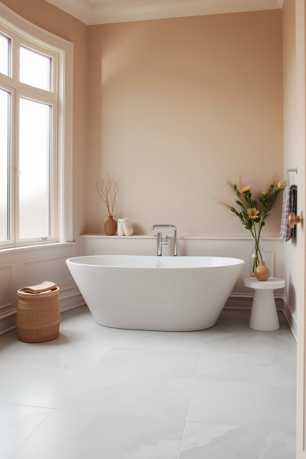 A serene guest bathroom featuring a neutral color palette that promotes tranquility. The walls are painted in soft beige, complemented by a light gray tile floor that adds warmth to the space. A sleek freestanding bathtub sits against one wall, surrounded by minimalistic decor. Natural light filters in through frosted glass windows, enhancing the calming atmosphere of the room.