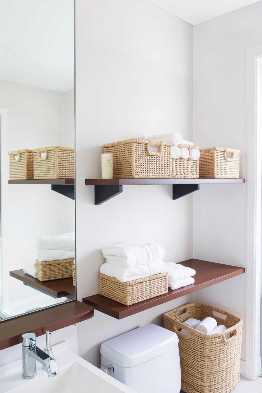 Stylish storage baskets made of natural fibers are neatly arranged on open shelves, providing a warm and inviting touch. The baskets are filled with plush towels and toiletries, complementing the overall aesthetic of the guest bathroom. The guest bathroom features a modern design with sleek fixtures and a calming color palette. Large mirrors reflect the light, enhancing the spacious feel while stylish storage baskets add functionality and charm.