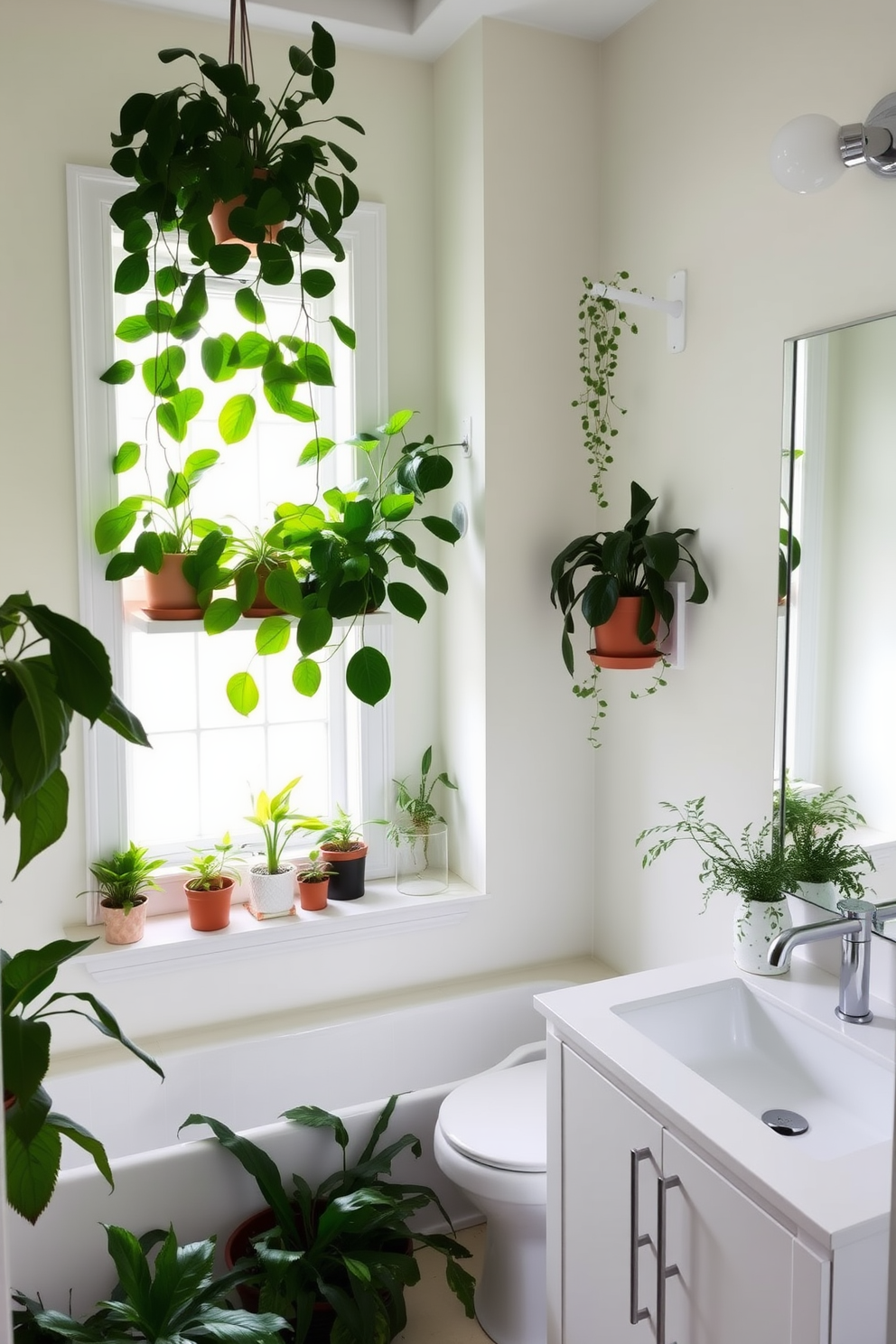 A stylish guest bathroom filled with lush greenery. Potted plants of various sizes are placed on the windowsill and around the bathtub, creating a vibrant and inviting atmosphere. The walls are painted in a soft pastel hue, complementing the natural tones of the plants. A sleek white vanity with a modern faucet and a large mirror enhances the space's brightness and openness.