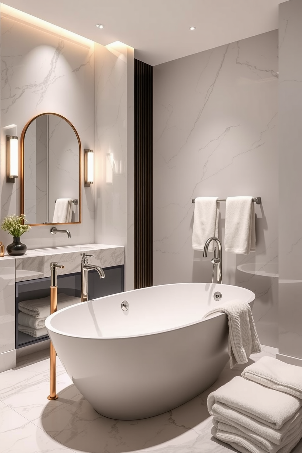 A guest bathroom design featuring large mirrors that enhance the sense of space. The mirrors are framed in sleek silver, reflecting the soft ambient lighting throughout the room. The walls are adorned with a light gray paint, complemented by elegant white wainscoting. A stylish freestanding bathtub sits adjacent to the mirrors, surrounded by potted greenery for a fresh touch.