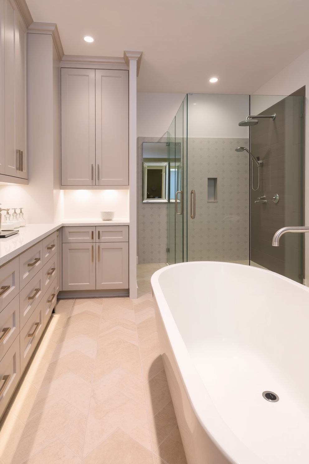 A guest bathroom featuring innovative storage solutions that maximize space. The design includes built-in shelves above the toilet and a floating vanity with drawers for optimal organization. The walls are painted in a soft beige tone to create a warm atmosphere. Decorative baskets and stylish containers are used to keep toiletries neatly stored and accessible.