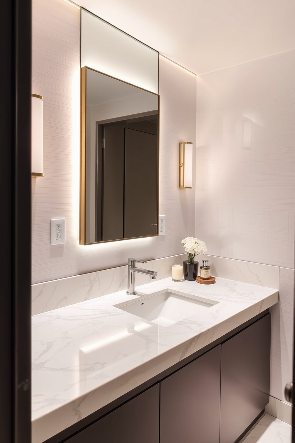 A guest bathroom featuring elegant marble countertops that exude timeless sophistication. The space is complemented by sleek fixtures and soft lighting that enhance the overall ambiance. The walls are adorned with subtle textures in soft neutral tones, creating a serene atmosphere. A stylish mirror above the sink reflects the beautiful details of the room, while tasteful accessories add a touch of personality.