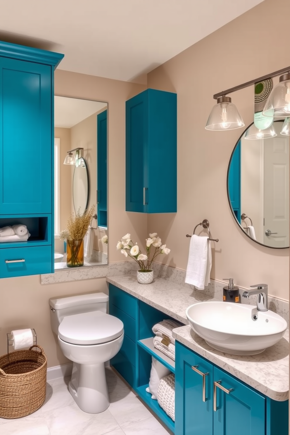 A guest bathroom featuring bold colored cabinetry that adds a vibrant pop to the space. The cabinetry is complemented by sleek, modern fixtures and a stylish sink that enhances the overall aesthetic. The walls are adorned with a soft, neutral tone to balance the bold cabinetry while creating an inviting atmosphere. Elegant lighting fixtures illuminate the room, casting a warm glow over the contemporary decor and accessories.