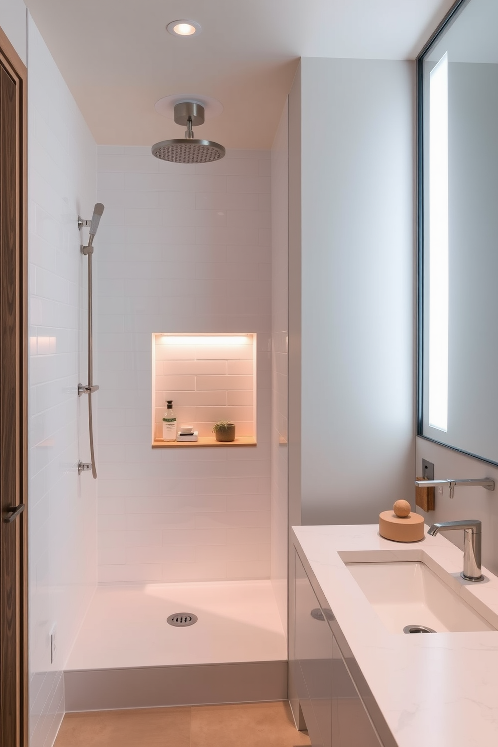 A guest bathroom featuring unique light fixtures that serve as focal points in the space. The design includes a contemporary chandelier above the vanity and sleek sconces on either side of the mirror to enhance the ambiance. The walls are painted in a soft pastel color, creating a serene atmosphere. Elegant accessories such as a stylish soap dispenser and plush towels complement the overall aesthetic.