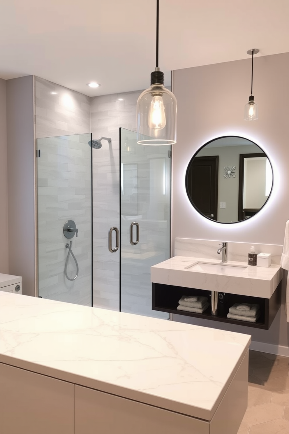 A serene guest bathroom featuring a spacious shower area with accent lighting that highlights the sleek tile work. The walls are adorned with soft gray paint, and a stylish glass shower door complements the modern fixtures. The space includes a chic floating vanity with a polished stone countertop and a large round mirror above it. Elegant pendant lights hang above the vanity, creating a warm and inviting atmosphere.