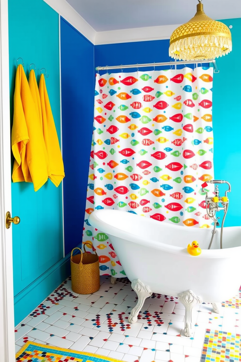 A whimsical shower curtain featuring a playful pattern of colorful fish adds a touch of fun to the guest bathroom. The space is complemented by a bright blue accent wall and cheerful yellow towels, creating a vibrant and inviting atmosphere. A vintage-style clawfoot bathtub sits in the corner, adorned with quirky rubber duck decor. The flooring is a mix of white tiles and colorful mosaic patterns, enhancing the playful theme of the room.