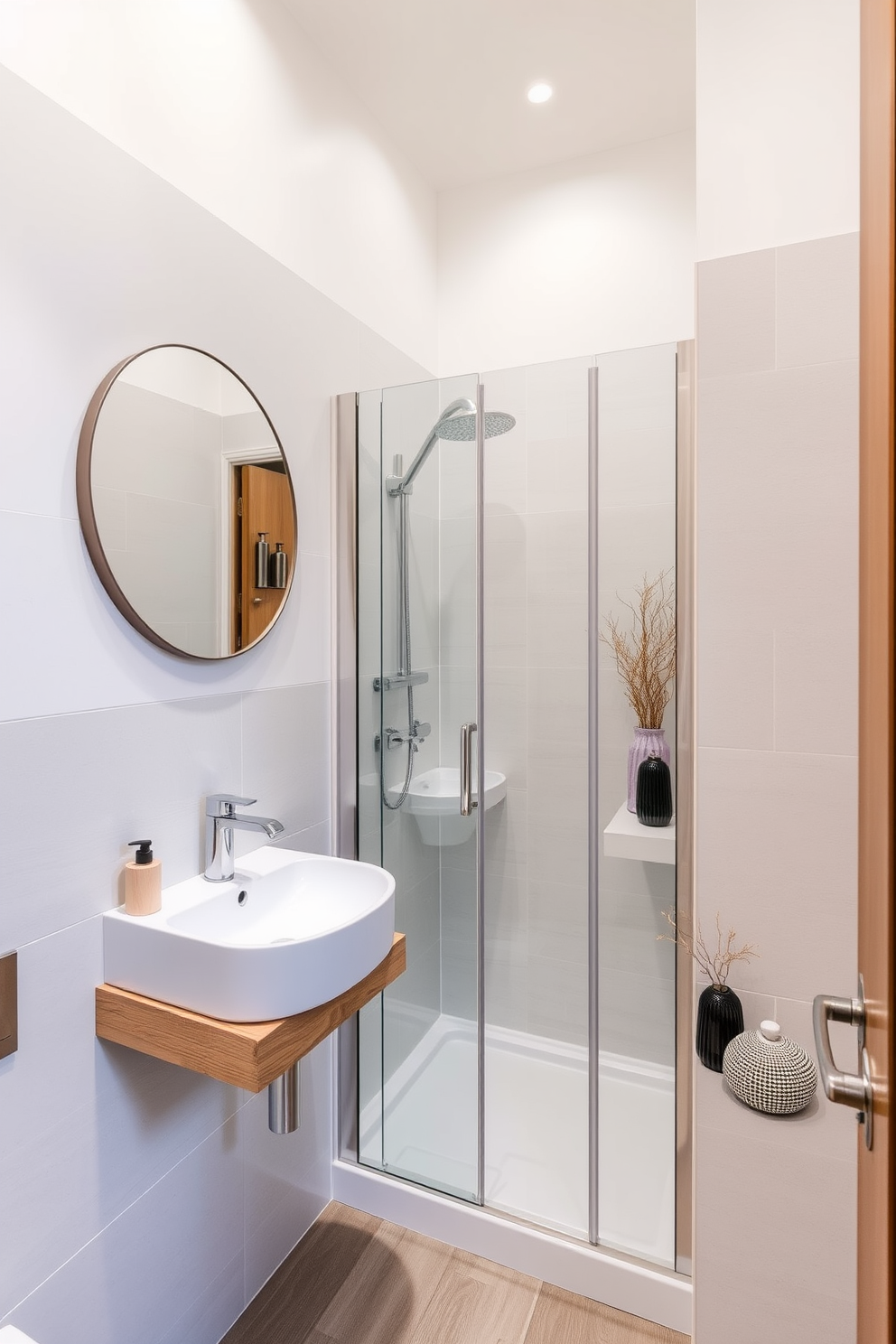 A guest bathroom featuring classic subway tiles in a crisp white finish. The walls are adorned with these tiles, creating a timeless backdrop for the space. A sleek wooden vanity with a polished granite countertop sits beneath a large framed mirror. Soft, warm lighting illuminates the room, enhancing the inviting atmosphere.