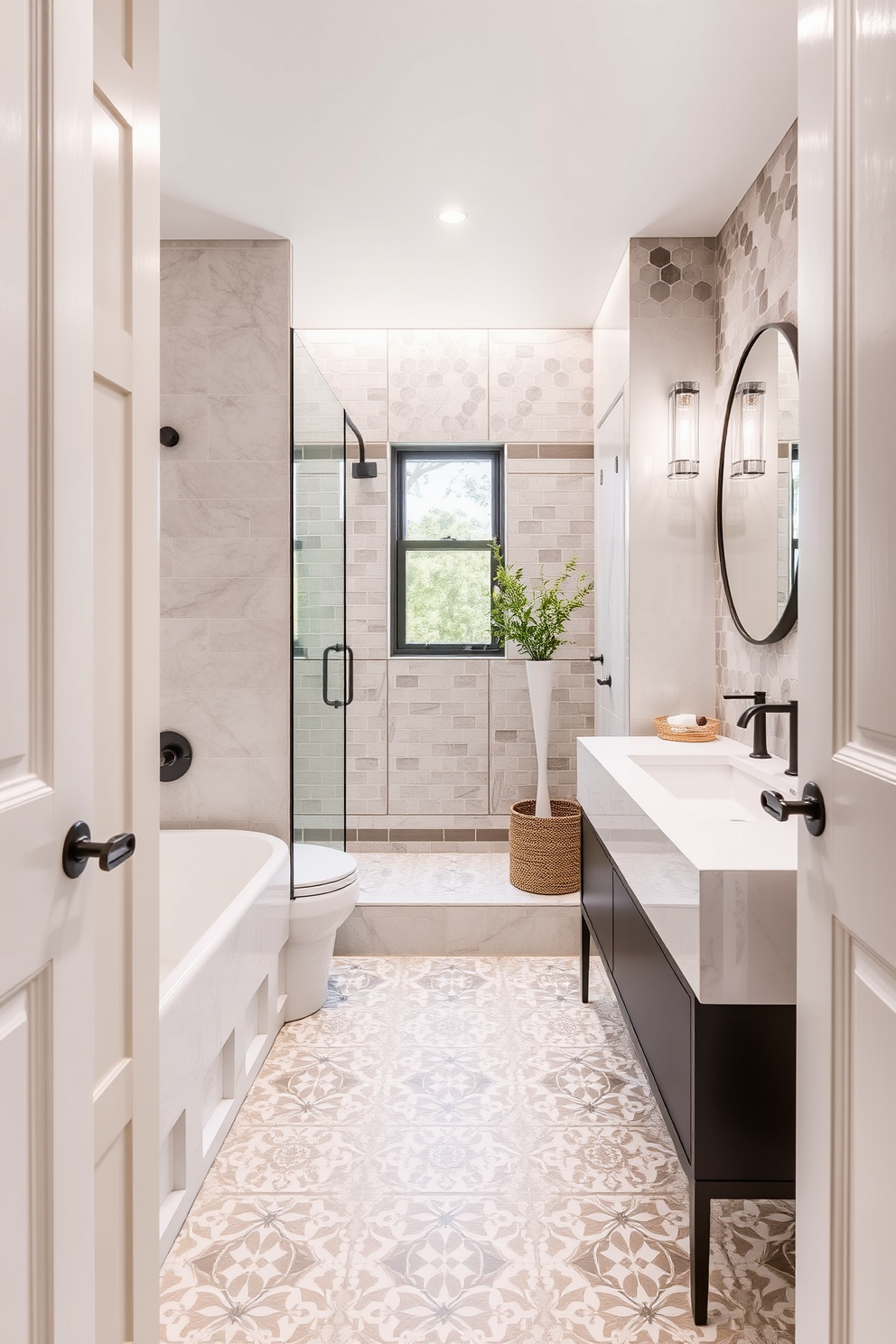 A guest bathroom featuring a bold accent wall painted in deep navy blue, creating a striking contrast with the soft white fixtures. The space includes a sleek floating vanity with a polished chrome faucet, complemented by stylish pendant lighting hanging above. The floor is adorned with large gray tiles that add a modern touch, while plush towels in vibrant colors are neatly arranged on a nearby rack. A round mirror with a minimalist frame reflects the stylish decor, enhancing the overall ambiance of sophistication.