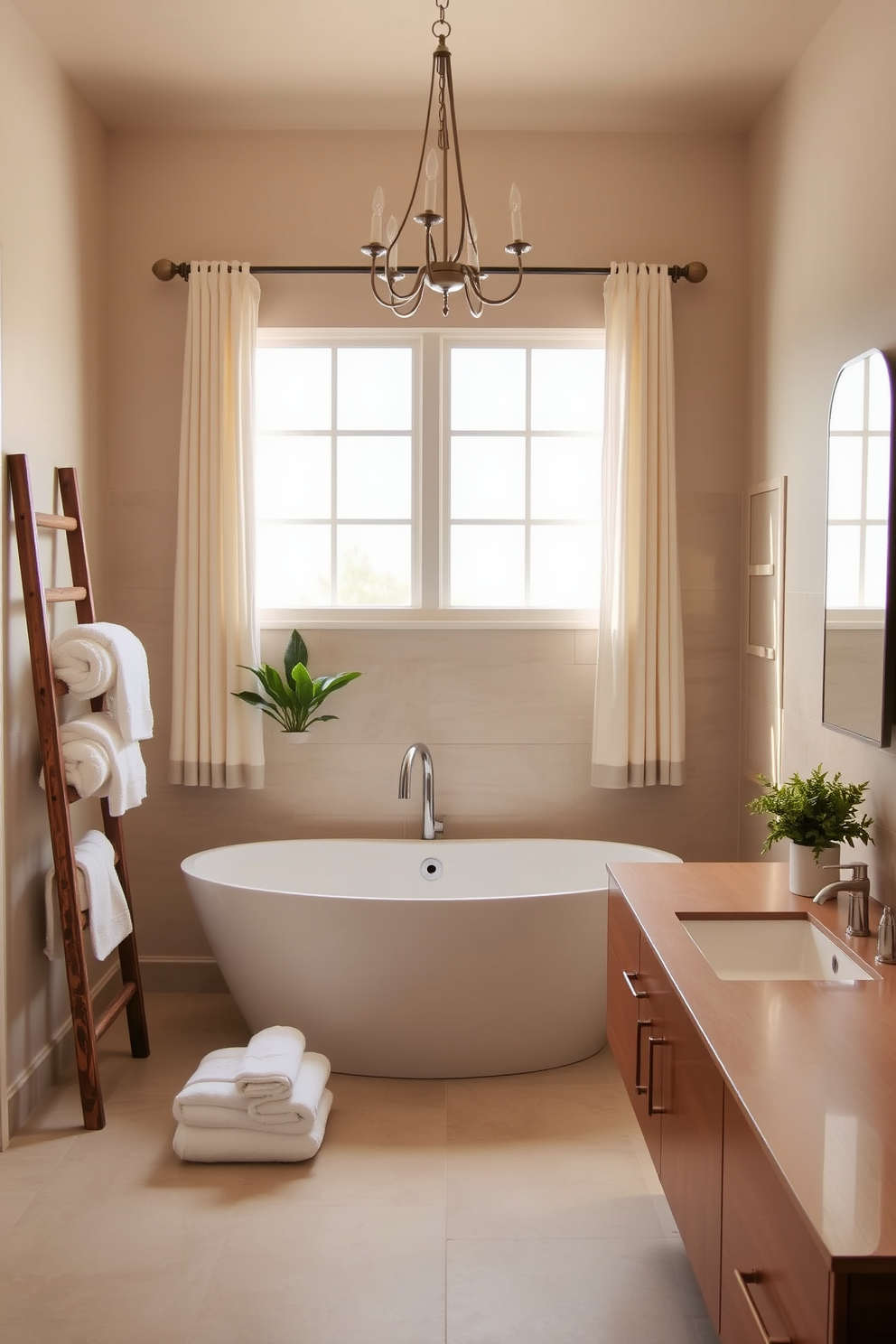 A serene guest bathroom featuring a freestanding soaking tub positioned under a large window with sheer curtains. The walls are adorned with soft beige tiles, and a chic chandelier adds a touch of elegance above the tub. Natural wood accents are incorporated through a floating vanity with dual sinks and brushed nickel fixtures. Plush white towels are neatly arranged on a rustic ladder, while potted greenery brings a refreshing touch to the space.