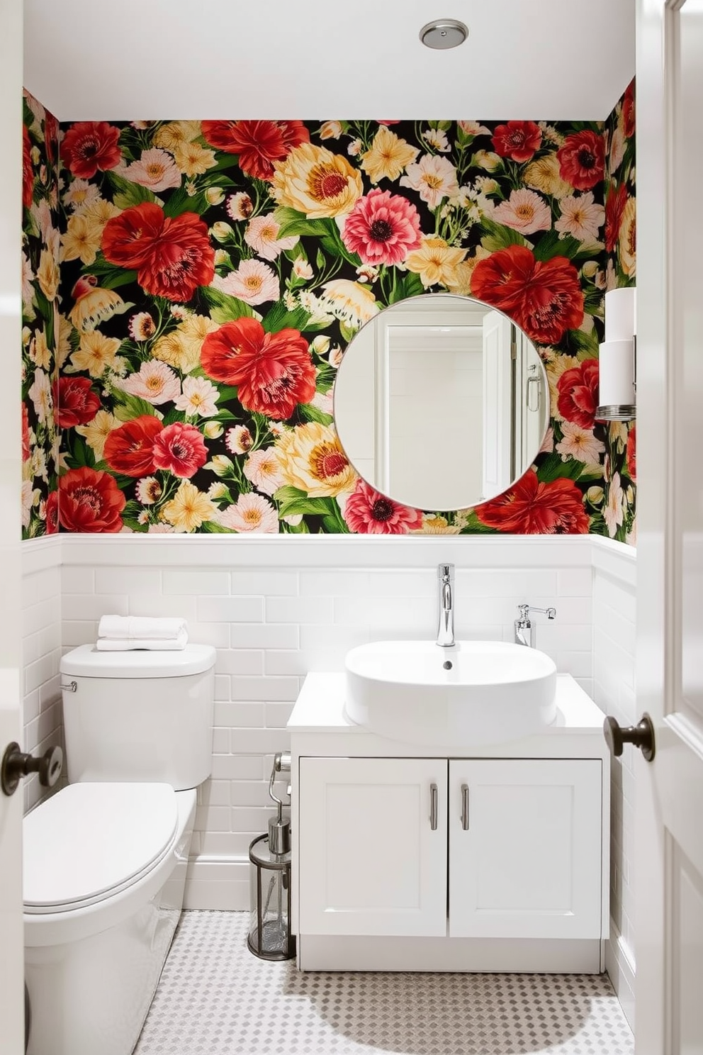 A guest bathroom features a bold floral wallpaper on the accent wall that creates a vibrant focal point. The space is complemented by sleek white cabinetry and a modern freestanding sink that enhances its contemporary feel.