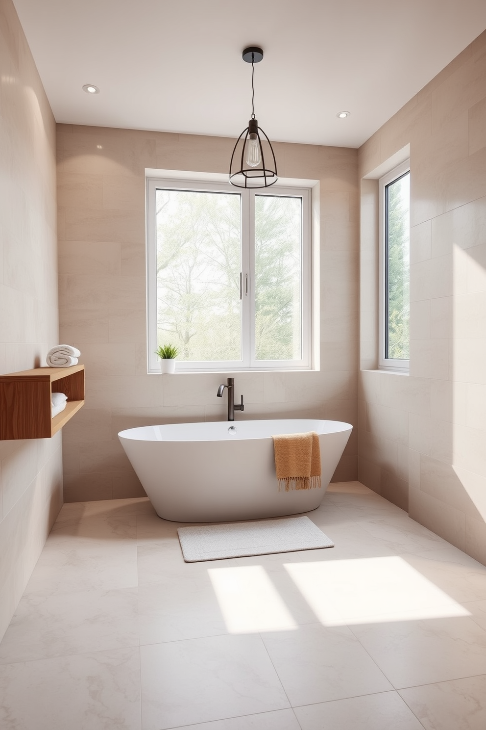 A cozy guest bathroom featuring underfloor heating for ultimate comfort. The space includes a sleek freestanding tub positioned near a large window, allowing natural light to flood in. The walls are adorned with soft, neutral tiles that create a serene atmosphere. A minimalist wooden shelf holds neatly rolled towels, while a stylish pendant light hangs above the tub, adding a touch of elegance.