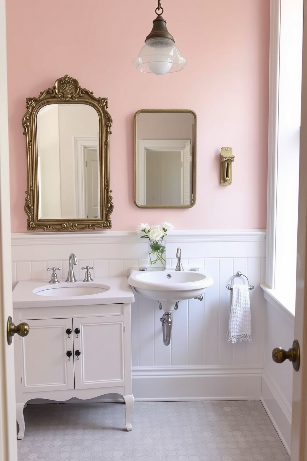 A guest bathroom designed with vintage-inspired fixtures exudes classic charm. The space features a clawfoot bathtub with a polished brass faucet and a pedestal sink with intricate detailing. The walls are adorned with soft pastel wallpaper that complements the antique mirror above the sink. A rustic wooden shelf displays neatly folded towels and decorative elements, enhancing the inviting atmosphere.