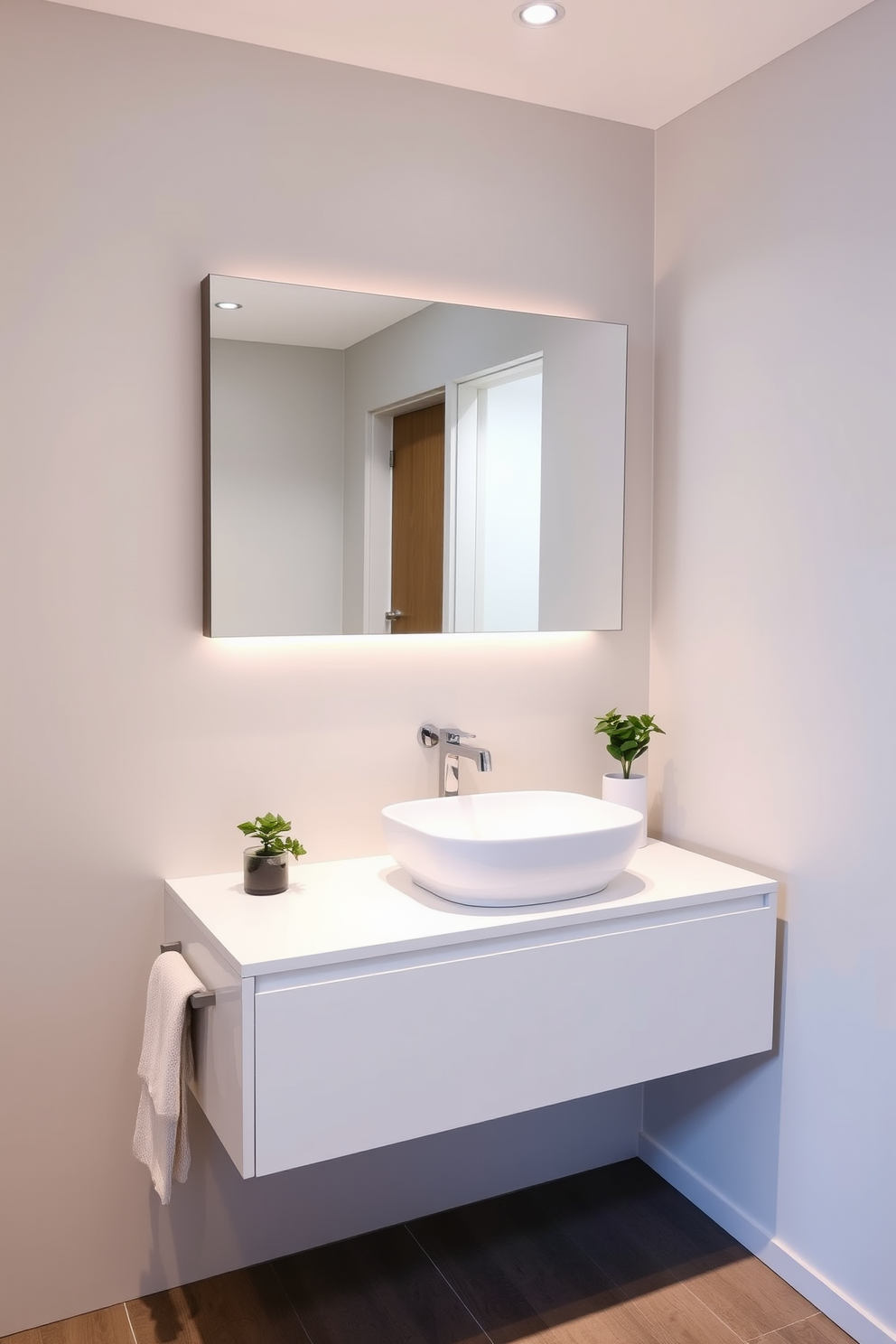 A sleek floating vanity with a minimalist design is mounted against a light gray wall. The vanity features a white countertop with a single, elegant sink and a large mirror above it that enhances the sense of space. The guest bathroom is accented with contemporary fixtures and soft ambient lighting. A stylish towel rack is placed next to the vanity, and a small potted plant adds a touch of greenery to the overall aesthetic.