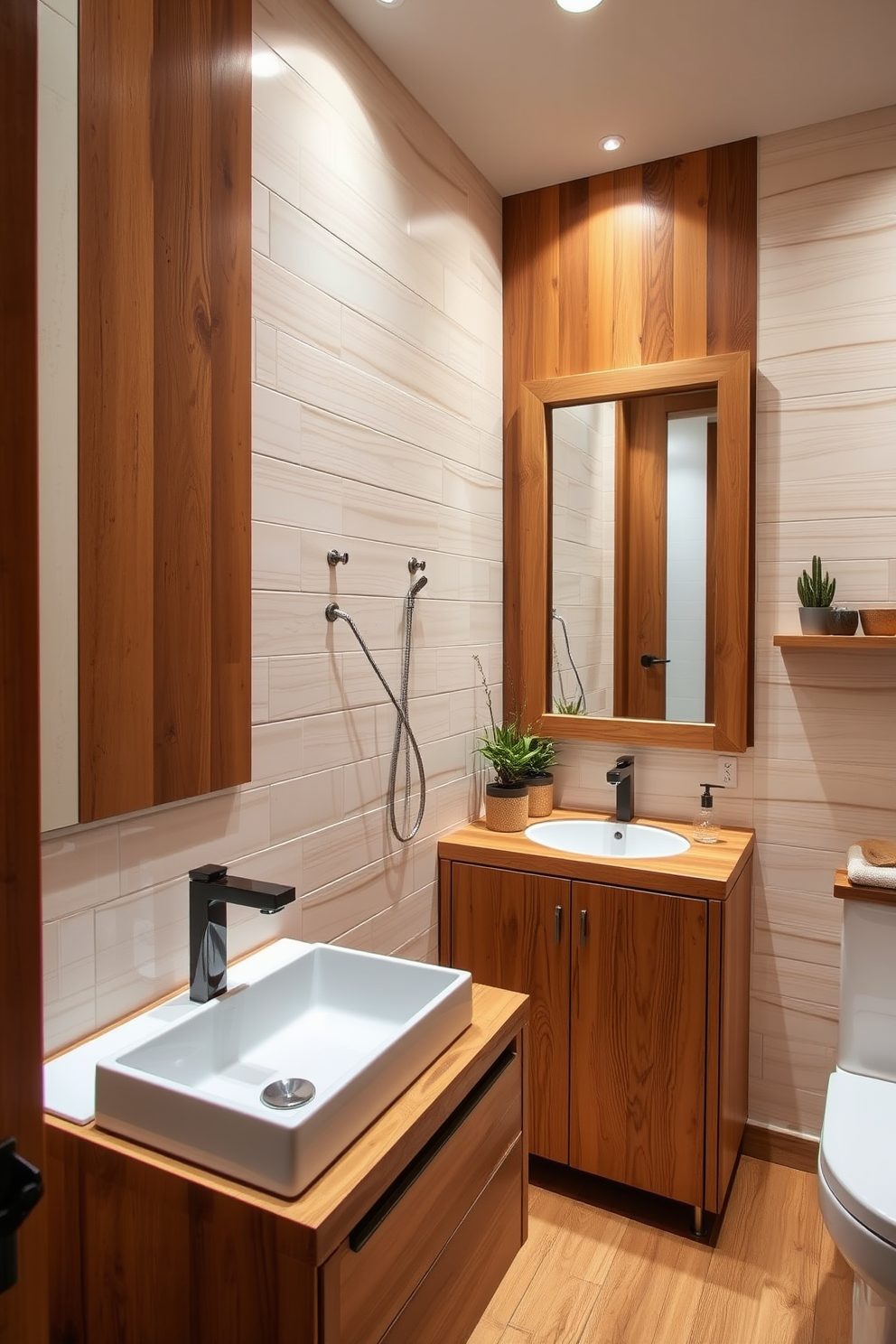 A guest bathroom featuring natural wood accents that create a warm and inviting atmosphere. The space includes a wooden vanity with a sleek sink, surrounded by soft lighting that enhances the earthy tones of the wood. The walls are adorned with light-colored tiles that complement the natural wood elements. A large mirror with a wooden frame reflects the cozy ambiance, while decorative plants add a touch of greenery to the design.