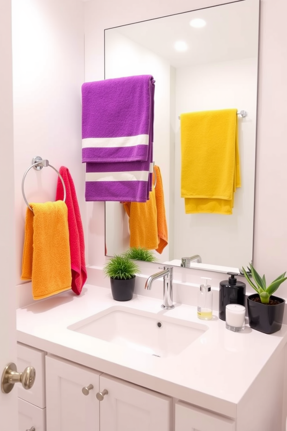 A guest bathroom featuring colorful towels that add vibrant accents throughout the space. The walls are painted in a soft white, creating a bright and airy atmosphere that complements the bold hues of the towels. The vanity is sleek and modern, with a polished chrome faucet and a large mirror above it. Decorative elements like potted plants and stylish soap dispensers enhance the overall aesthetic of the room.