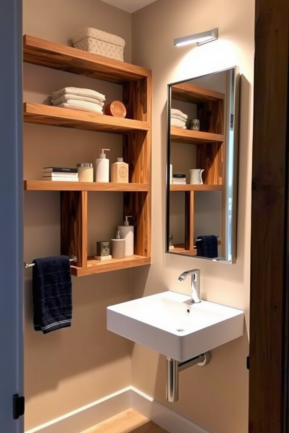 Open shelving is creatively integrated into the guest bathroom design, providing easy access to essentials and decorative items. The shelves are made of reclaimed wood, adding a rustic charm while complementing the modern fixtures. The walls are painted in a soft beige hue, creating a warm and inviting atmosphere. A stylish mirror with a sleek frame hangs above the floating sink, enhancing the spacious feel of the room.