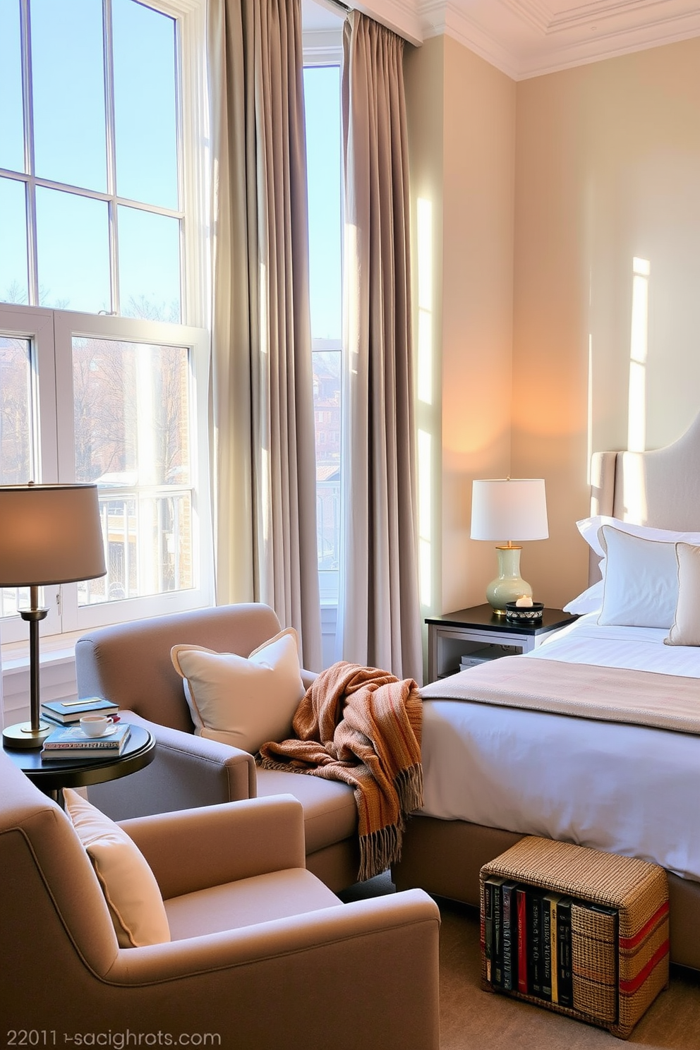 Cozy reading nook by the window. A plush armchair is positioned next to a large window, adorned with soft curtains that filter the sunlight. A small side table holds a stack of books and a steaming cup of tea, while a warm throw blanket drapes over the armchair. The walls are painted in a soft pastel hue, creating a serene atmosphere perfect for relaxation. Guest bedroom design ideas. The room features a comfortable queen-sized bed with an elegant upholstered headboard and crisp white linens. A pair of bedside tables flank the bed, each topped with stylish lamps that provide a warm glow. A cozy armchair sits in the corner, accompanied by a small bookshelf filled with novels for guests to enjoy.