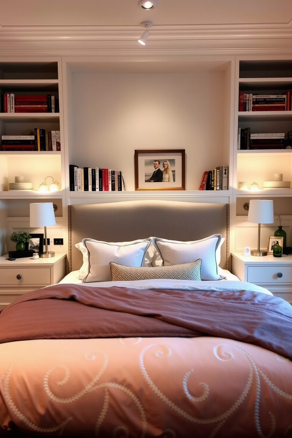 A cozy guest bedroom featuring built-in shelves that provide extra storage space. The shelves are painted in a soft white color and are filled with neatly arranged books and decorative items. The bed is dressed in luxurious linens with a plush headboard and flanked by stylish bedside tables. Soft lighting from lamps creates a warm and inviting atmosphere, while a colorful area rug adds a touch of comfort underfoot.