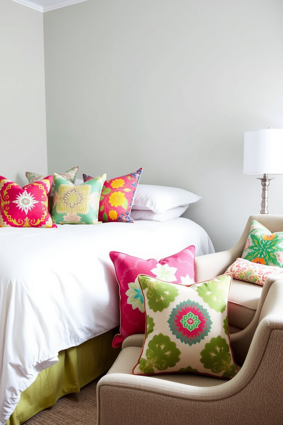 Decorative throw pillows in vibrant colors are scattered across a plush bed adorned with soft linens. The pillows feature a mix of geometric patterns and floral designs, adding a playful touch to the serene atmosphere of the guest bedroom. The room is painted in a calming light gray, creating a perfect backdrop for the colorful accents. A cozy armchair sits in the corner, complemented by a small side table topped with a stylish lamp, inviting guests to relax and unwind.