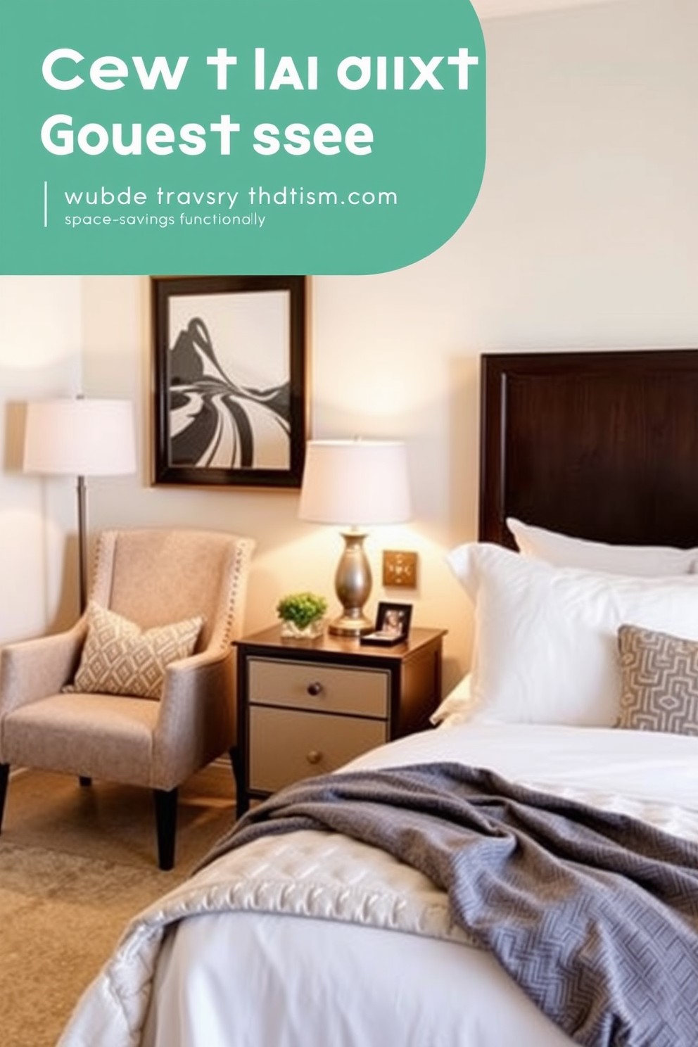 Create a cozy guest bedroom featuring wall-mounted bedside lamps that enhance space-saving functionality. The room should include a comfortable bed with plush bedding, a stylish accent chair, and a neutral color palette that invites relaxation.