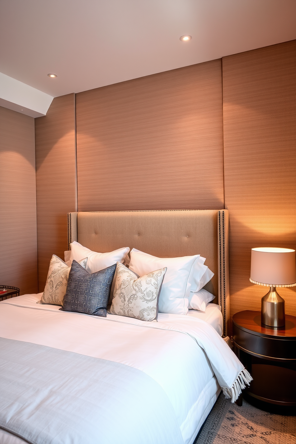 A cozy guest bedroom featuring textured wall treatments that add depth and character. The walls are adorned with a soft fabric paneling in a neutral tone, creating a warm and inviting atmosphere. The room includes a plush queen-sized bed dressed in luxurious linens and a stylish headboard. Accent pillows in varying textures and patterns enhance the overall design while a bedside table holds a chic lamp for soft lighting.