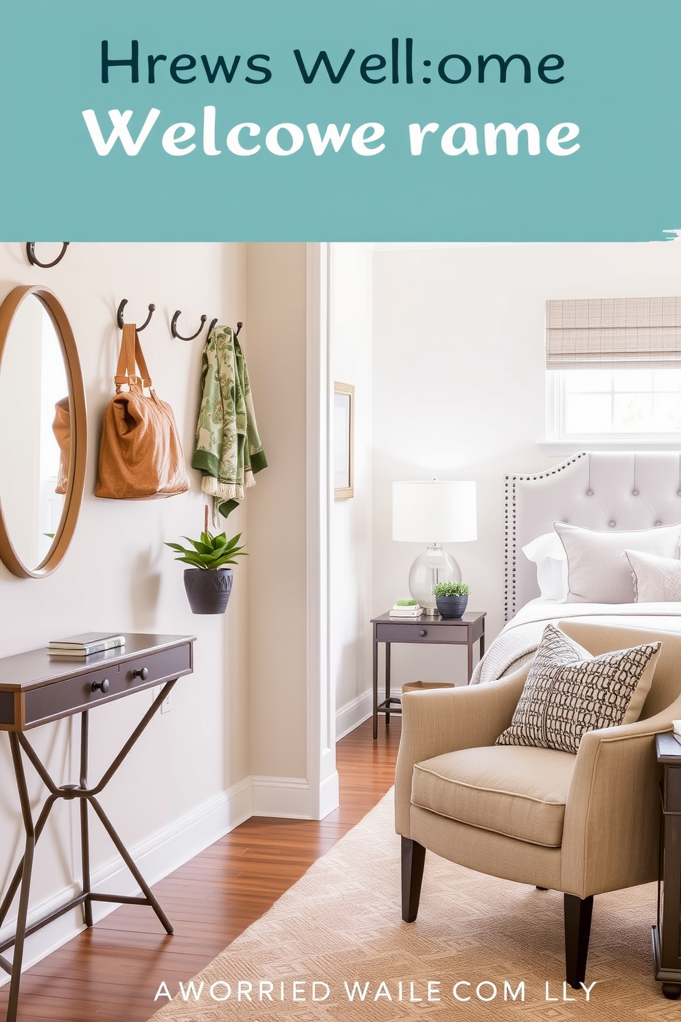 A cozy guest bedroom featuring a plush bed with soft linens and decorative pillows. Under the bed, stylish storage bins hold extra blankets and pillows, keeping the space organized and inviting. The walls are painted in a calming light gray, complemented by warm wood accents in the furniture. A bedside table with a lamp and a small plant adds a touch of personality to the room.