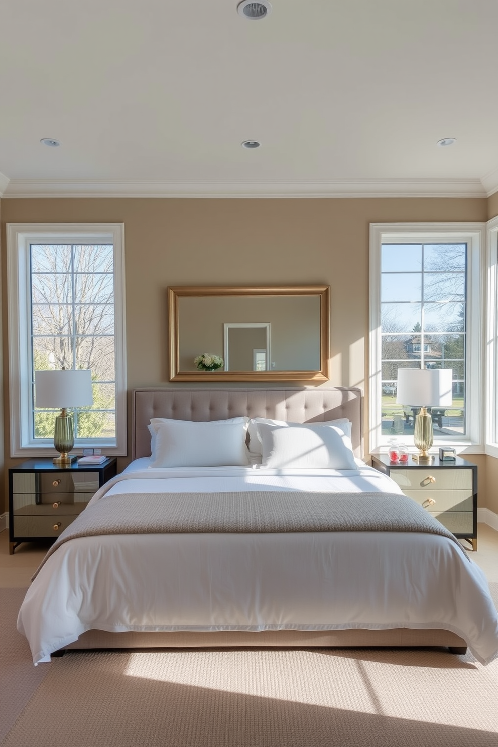 A serene guest bedroom featuring large windows that allow natural light to flood the space. The walls are painted in a soft beige tone, and a plush king-sized bed is dressed in crisp white linens with a textured throw blanket. On either side of the bed, stylish nightstands hold elegant lamps that provide warm lighting. A large mirror hangs above the dresser, reflecting the light and making the room feel more spacious and inviting.