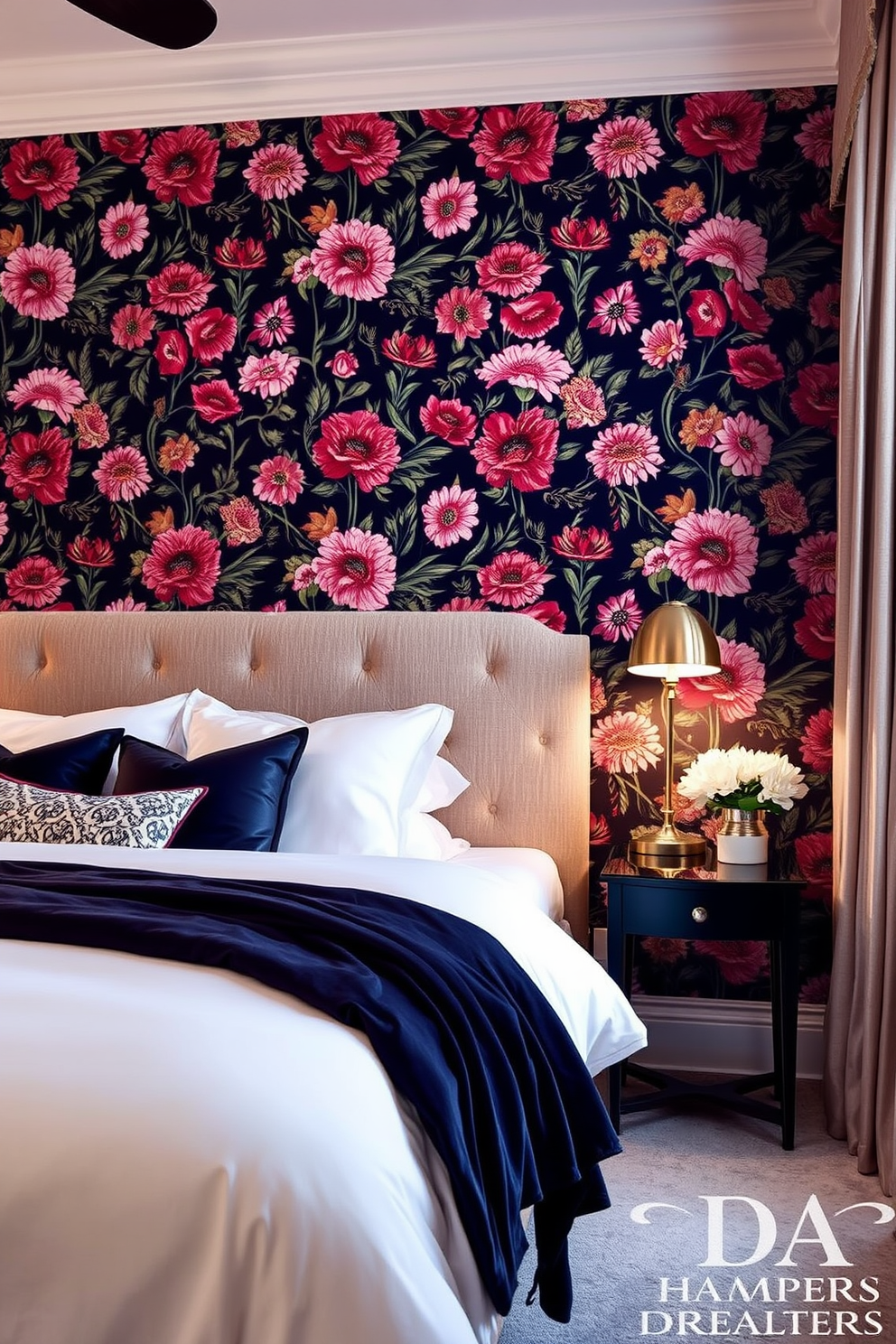 Create a guest bedroom featuring an accent wall adorned with a bold floral wallpaper that adds a vibrant touch to the space. The room includes a plush bed with luxurious linens, a stylish bedside table, and soft ambient lighting for a welcoming atmosphere.