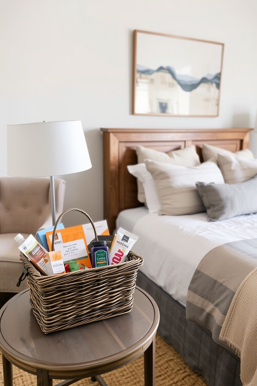 A personalized welcome basket for guests filled with local treats and a handwritten note sits on a beautifully arranged side table. The cozy guest bedroom features soft, neutral bedding and a plush armchair in the corner, creating an inviting atmosphere. Guest bedroom design ideas include a calming color palette of soft blues and grays, complemented by warm wooden accents. A statement piece of artwork above the bed adds character, while layered lighting options enhance the overall ambiance.