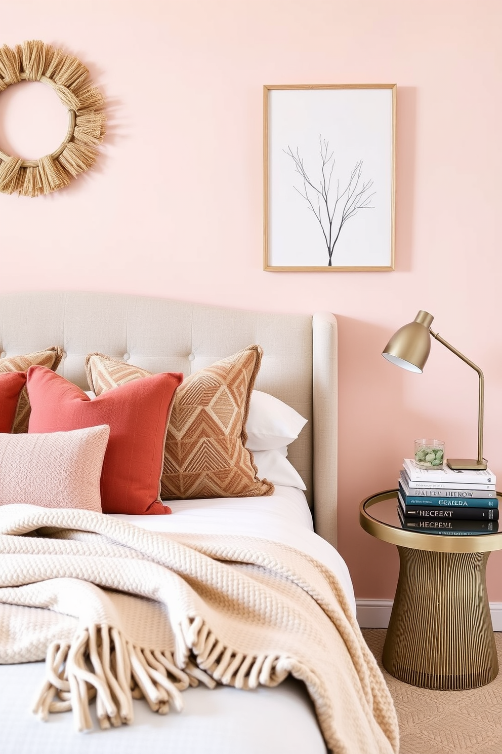 Seasonal decor to refresh the space. Soft pastel colors adorn the walls, complemented by cozy throw pillows and a lightweight blanket draped over the bed. Guest bedroom design ideas. A plush upholstered headboard frames the bed, while a stylish bedside table holds a contemporary lamp and a stack of books.