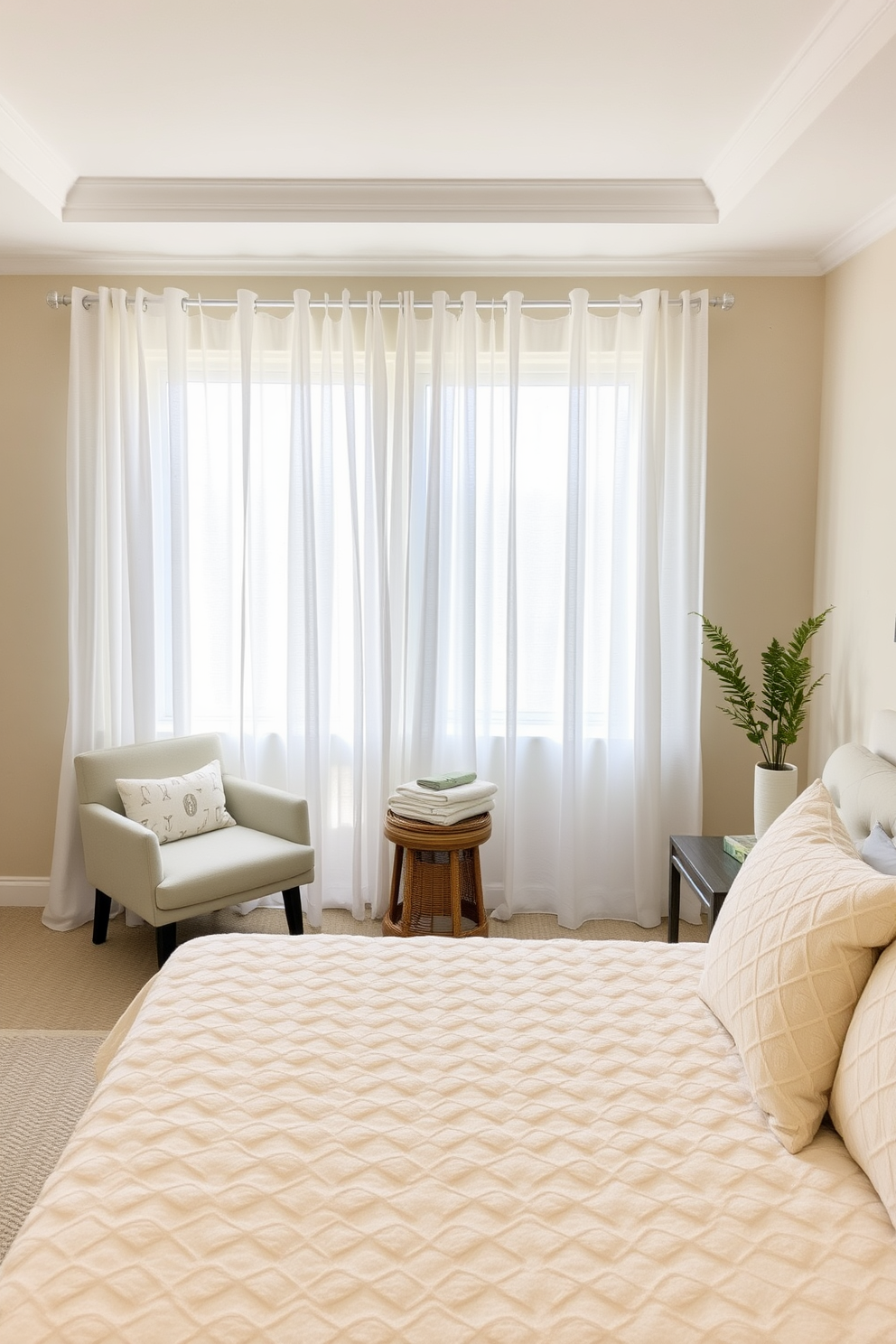 A serene guest bedroom featuring a neutral color palette that promotes calming vibes. The walls are painted in soft beige, complemented by a plush cream-colored bedspread on a king-sized bed with upholstered headboard. Natural light filters through sheer white curtains, illuminating a cozy seating area with a light gray armchair and a small wooden side table. Accessories include a woven basket for blankets and a simple framed artwork above the bed, enhancing the tranquil atmosphere.