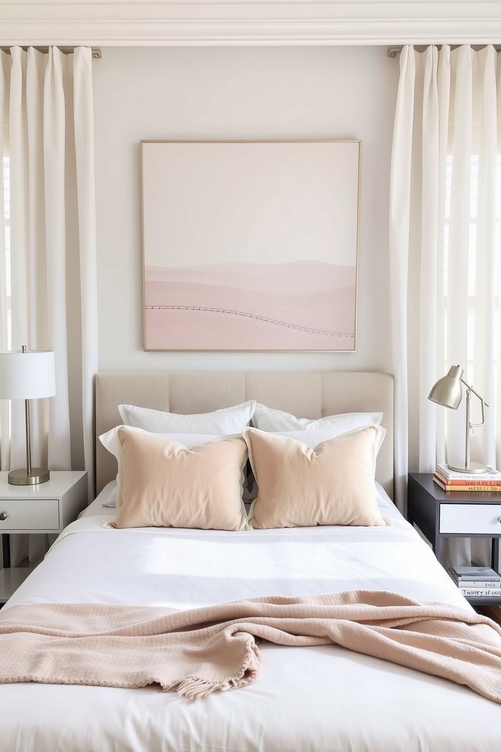 A cozy guest bedroom featuring a plush queen-sized bed adorned with soft linens and decorative pillows. A small bookshelf is placed beside the bed, filled with an assortment of reading materials for guests to enjoy. The walls are painted in a warm beige tone, creating a welcoming atmosphere. A bedside table with a stylish lamp complements the overall design, while a comfortable armchair is positioned in the corner for relaxation.