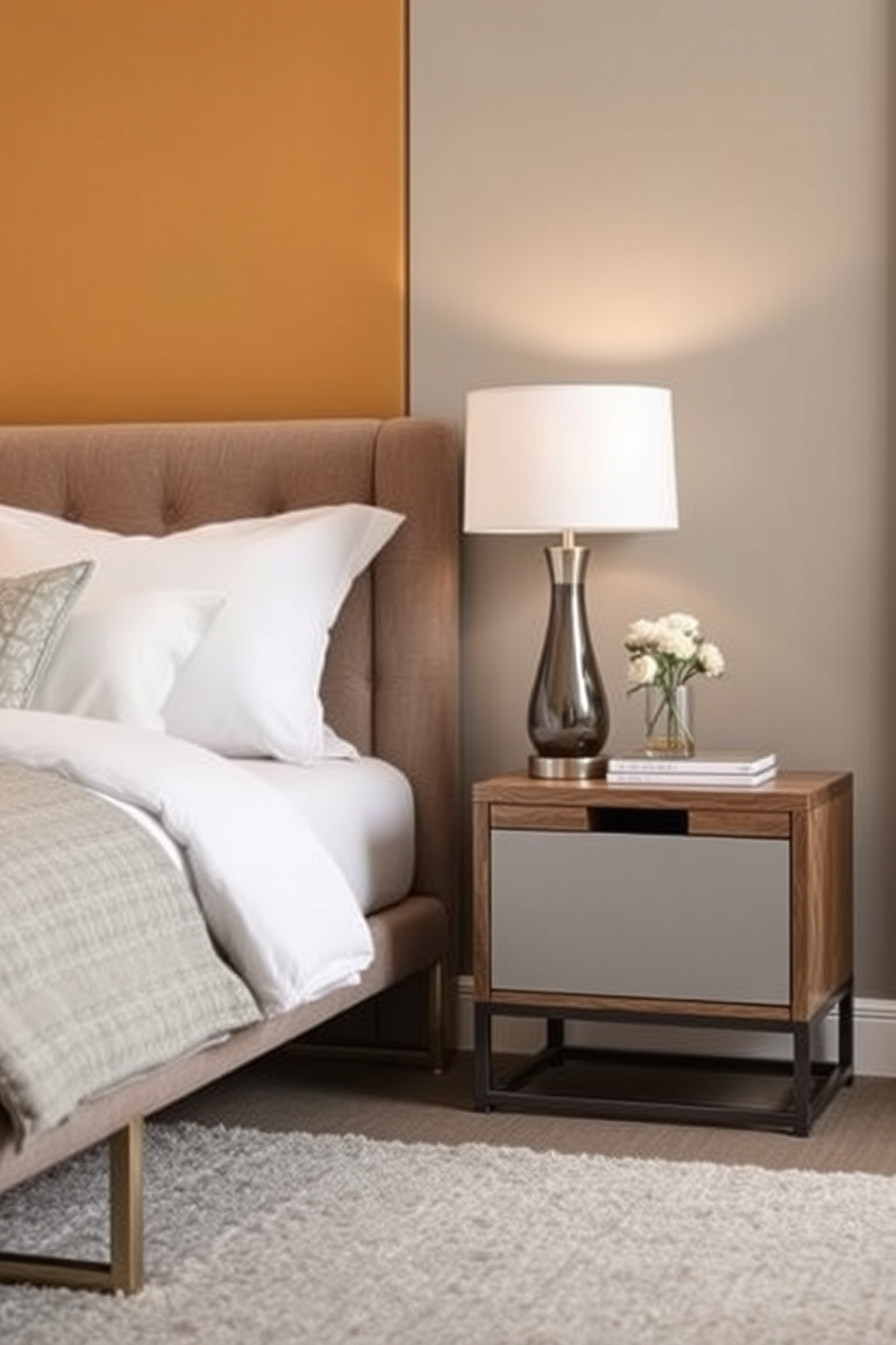 A guest bedroom designed with bold patterns to create a vibrant atmosphere. The walls are adorned with a large geometric wallpaper in bright colors, complemented by a plush area rug featuring an abstract design. The bed is dressed in a striking duvet cover with a floral pattern, paired with coordinating throw pillows. A colorful accent chair sits in the corner, and a sleek nightstand holds a modern lamp with a unique shape.