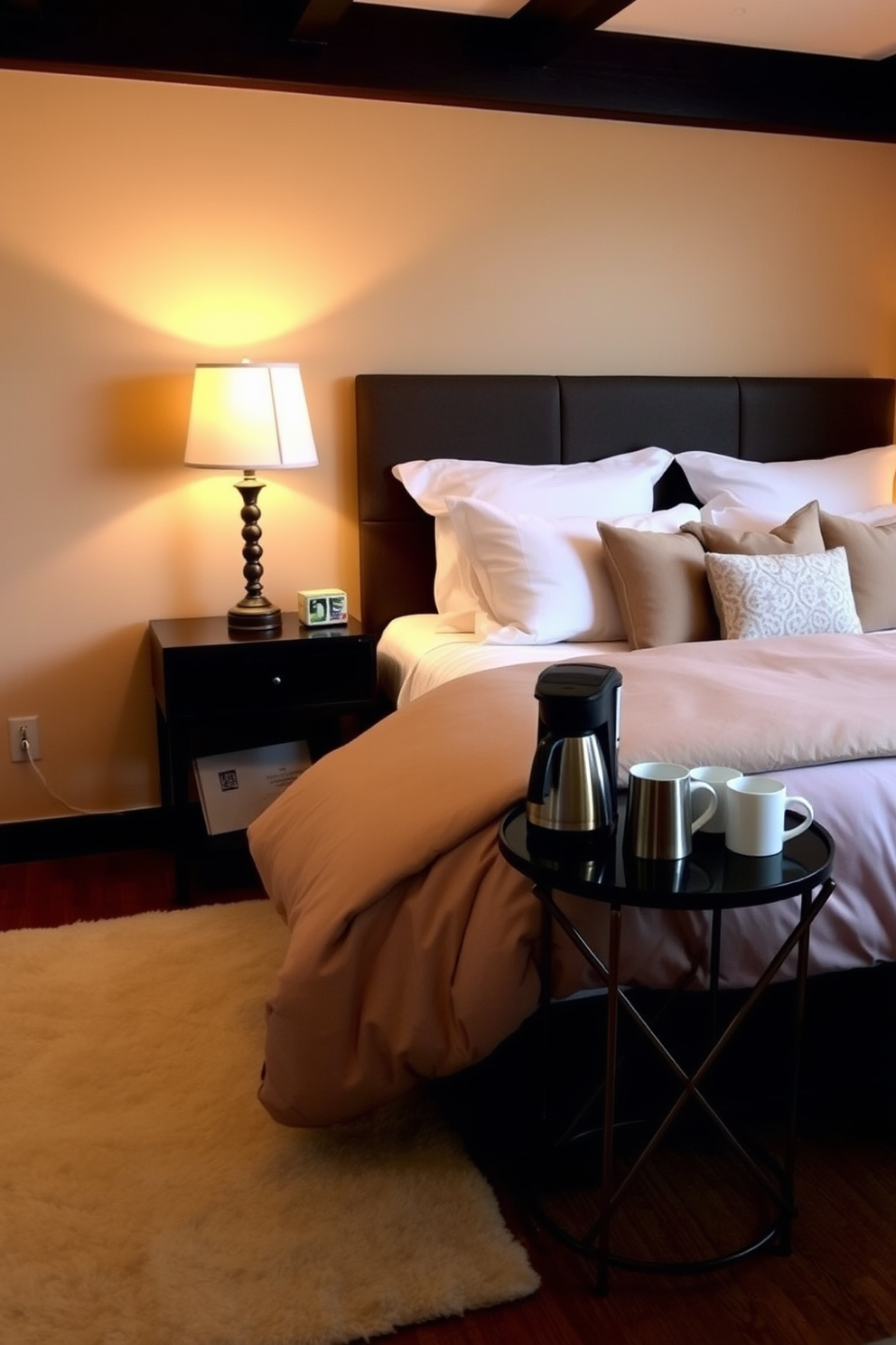 A cozy guest bedroom featuring a plush queen-sized bed with soft linens and a selection of decorative pillows. To the side, a small coffee station is elegantly set up on a stylish side table, complete with a sleek coffee maker and an assortment of mugs. The walls are painted in a warm neutral tone, creating a welcoming atmosphere. A soft area rug lies underfoot, while a pair of bedside lamps provide gentle lighting for evening relaxation.