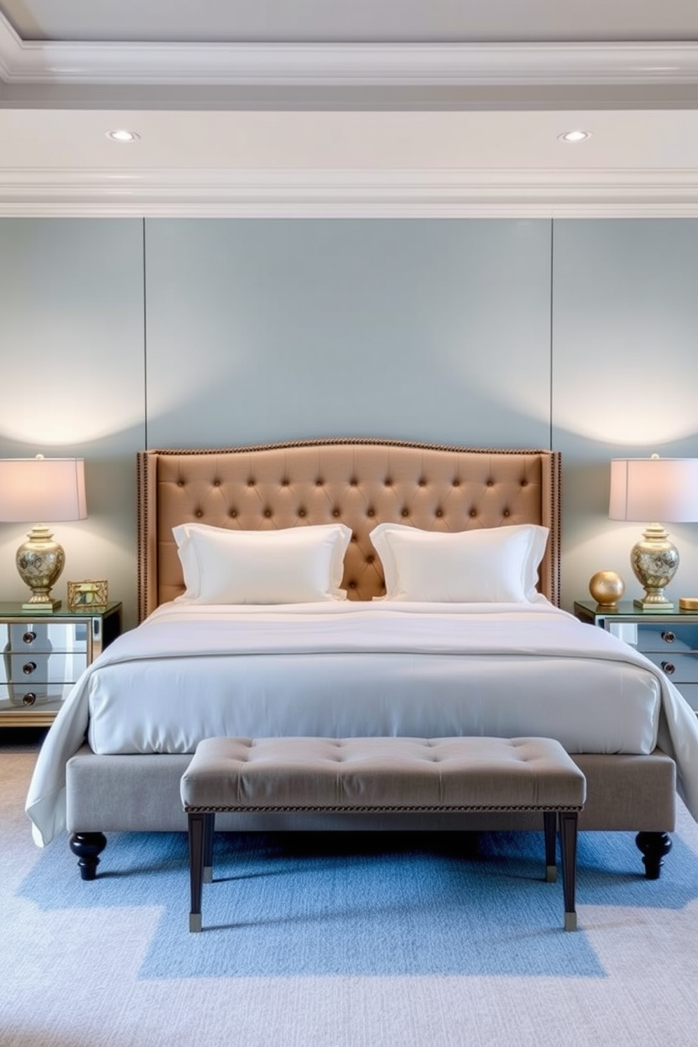 A serene guest bedroom designed for relaxation. The color palette features soft blues and whites, creating a tranquil atmosphere. A plush king-sized bed with a tufted headboard is centered against a pale blue accent wall. Flanking the bed are elegant nightstands topped with decorative lamps that emit a warm glow.