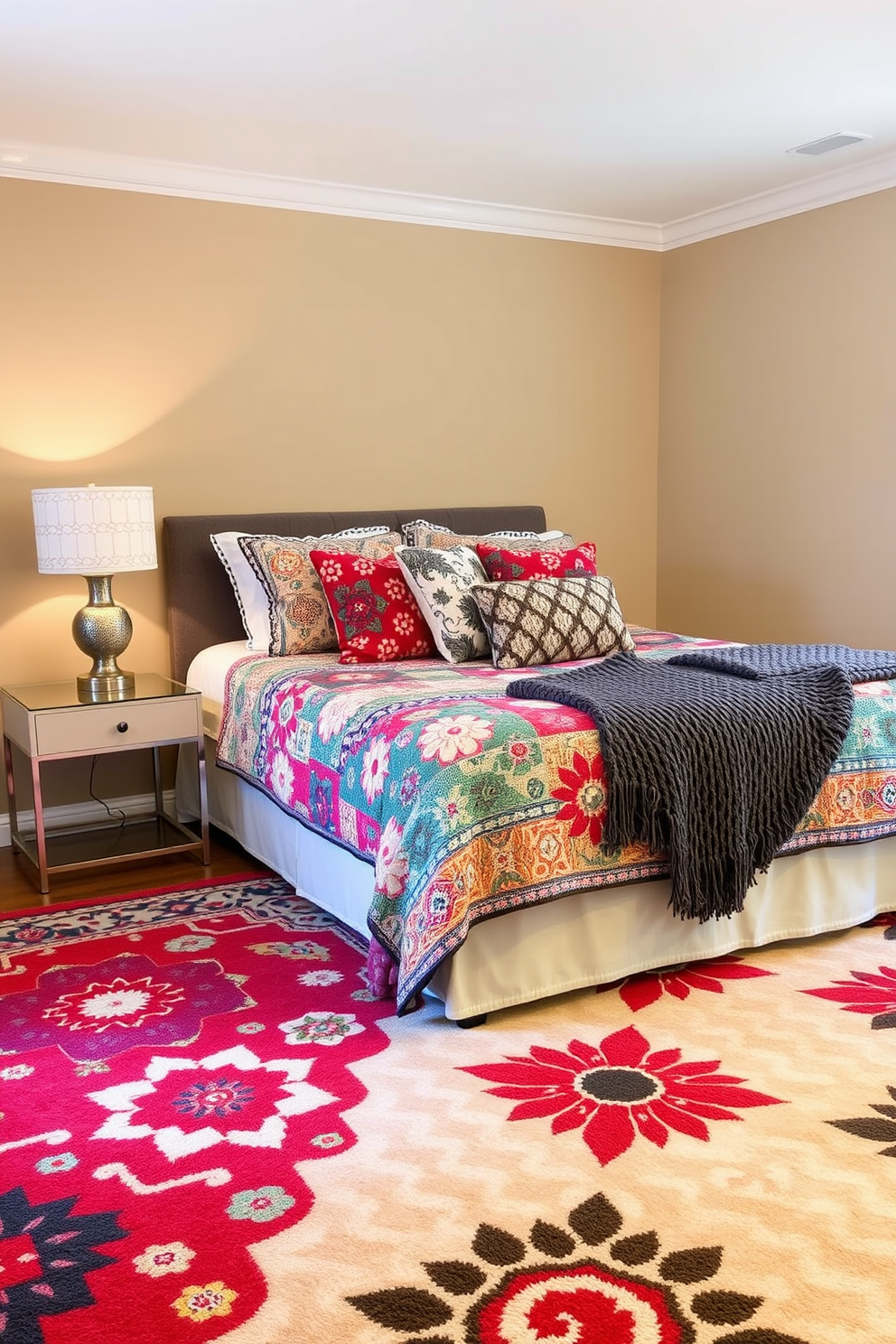 A cozy guest bedroom featuring a blend of floral and geometric patterns. The bed is dressed in a vibrant quilt with a mix of colors, complemented by patterned throw pillows and a soft knitted blanket. Adjacent to the bed, a stylish nightstand showcases a unique lamp with an intricate design. The walls are painted in a warm beige tone, while a large area rug with bold patterns adds texture and warmth to the space.