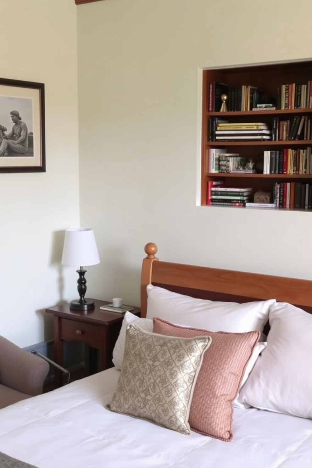 A cozy guest bedroom featuring a comfortable queen-sized bed with plush bedding and decorative throw pillows. A small bookshelf is placed against the wall, filled with an assortment of novels and a few decorative items to create a welcoming reading nook. The walls are painted in a soft pastel hue, complementing the warm wooden furniture. A bedside table with a stylish lamp sits next to the bed, and a small armchair is positioned near the bookshelf for added comfort.