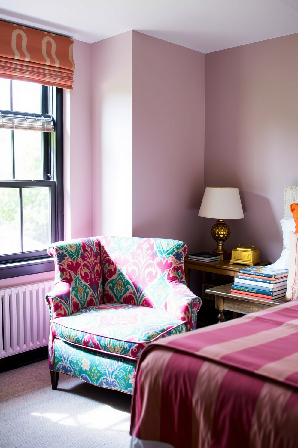 A colorful accent chair stands out in a cozy guest bedroom. The chair features a bold pattern and is placed near a window, inviting natural light to enhance its vibrant hues. The room is adorned with soft pastel walls and plush bedding that complement the chair's lively colors. A small side table next to the chair holds a decorative lamp and a stack of books, creating a welcoming reading nook.