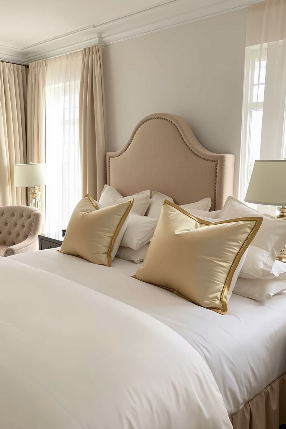 A serene guest bedroom featuring blackout curtains that enhance the sleep environment. The walls are painted in soft pastel tones, complemented by a plush queen-sized bed with a tufted headboard. Lush bedding in varying textures adds comfort, while a cozy armchair sits in the corner for relaxation. A stylish nightstand holds a modern lamp and a stack of books, creating an inviting atmosphere.