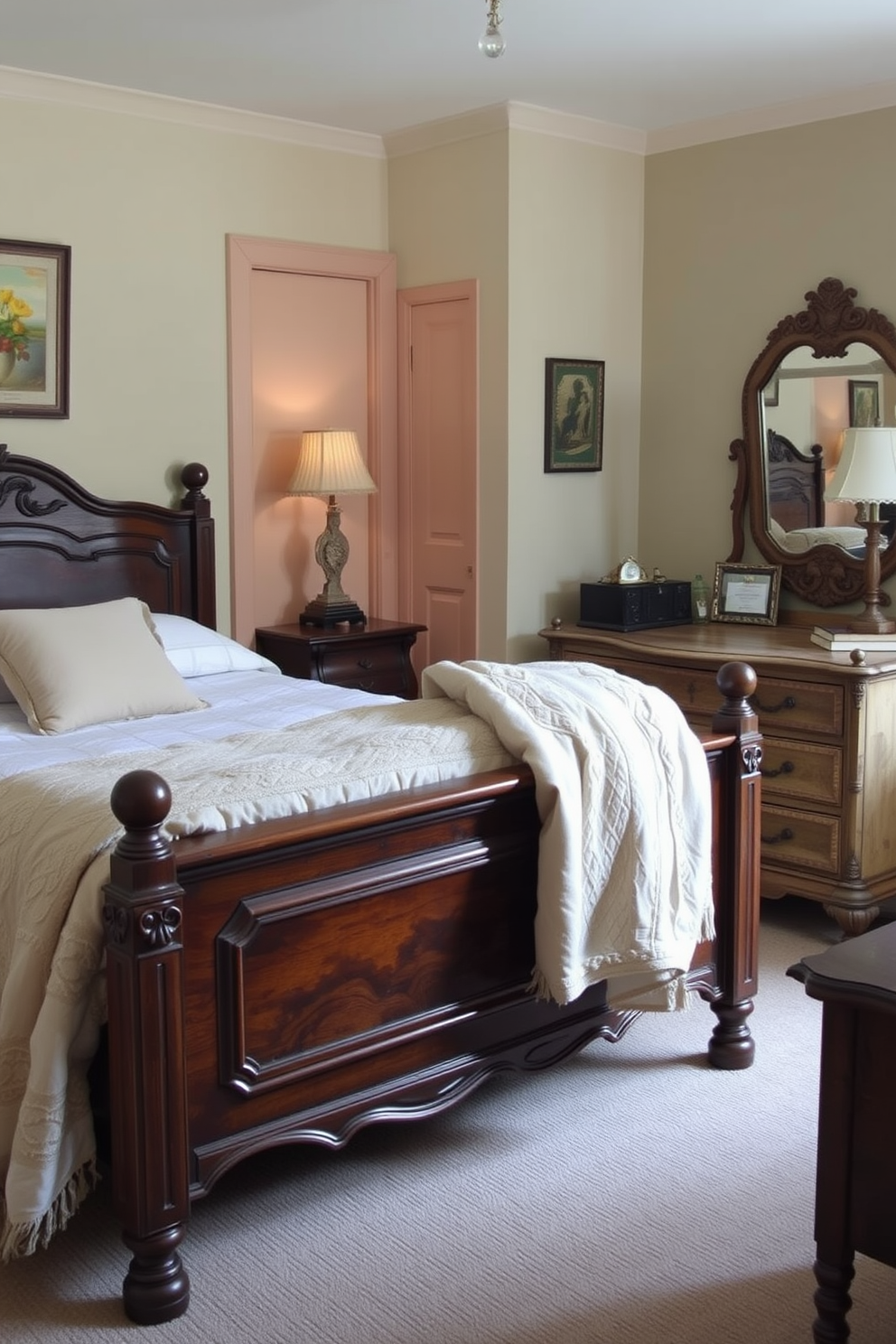 A cozy guest bedroom featuring a statement wall art piece above a plush queen-sized bed. The walls are painted in a soft beige, and the bedding is adorned with various textured pillows in warm earth tones. To the left of the bed, a stylish nightstand holds a modern lamp with a unique design. A comfortable armchair sits in the corner, complemented by a small side table and a decorative throw blanket.