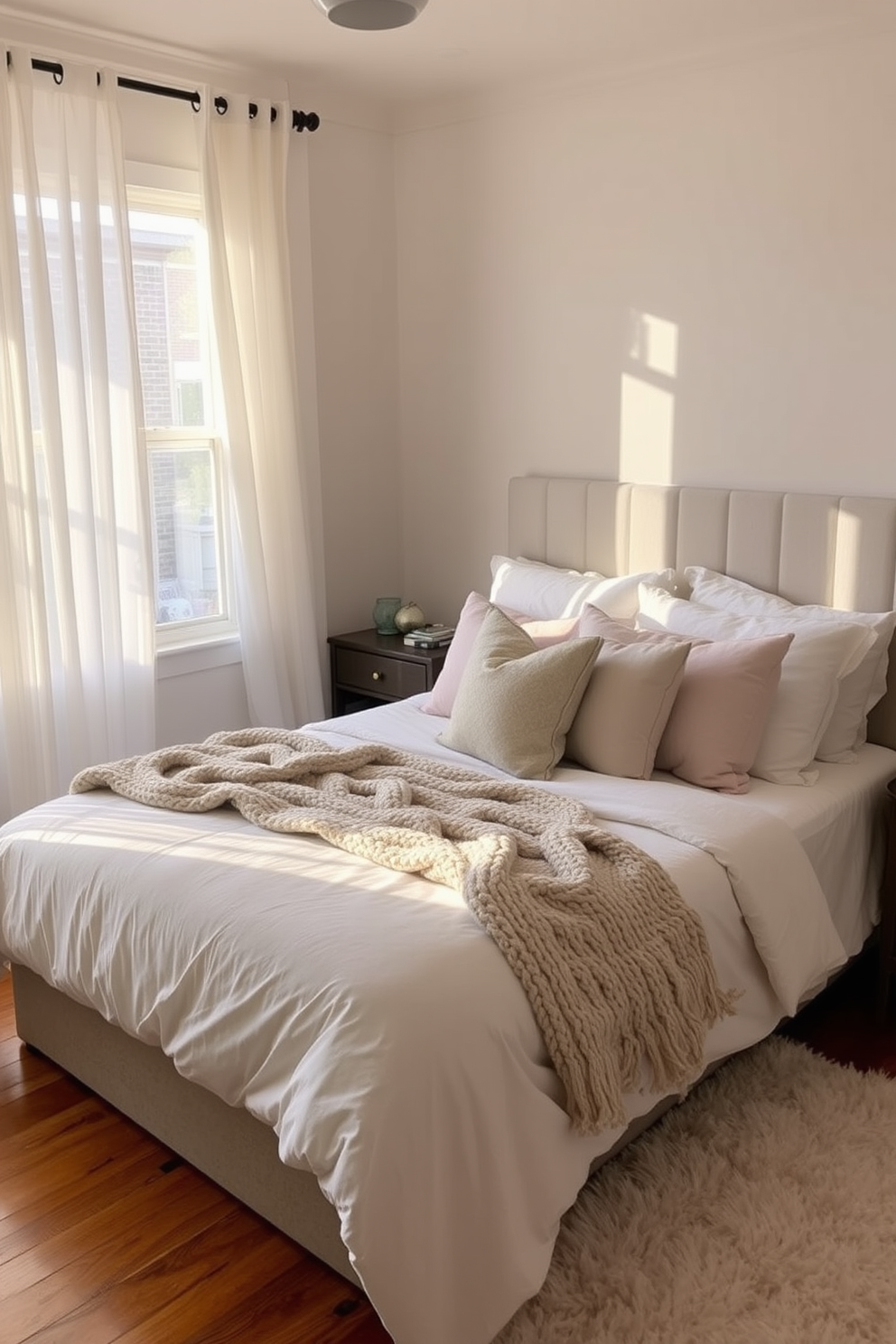 A cozy guest bedroom featuring layered bedding in soft neutral tones. The bed is adorned with plush pillows and a chunky knit throw, creating an inviting and comfortable atmosphere. Natural light streams in through sheer curtains, illuminating a stylish nightstand with a decorative lamp. A plush area rug anchors the space, adding warmth and texture to the hardwood floor.